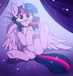 Size: 1029x1066 | Tagged: suggestive, artist:hioshiru, derpibooru import, edit, twilight sparkle, twilight sparkle (alicorn), alicorn, pony, :o, bell collar, blushing, cheek fluff, chest fluff, collar, colored pupils, cute, ear fluff, featureless crotch, female, legs in air, looking at you, on back, sfw edit, solo, solo female, spread legs, spread wings, spreading, twiabetes, underhoof