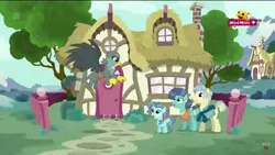 Size: 1366x768 | Tagged: safe, derpibooru import, screencap, gabby, mr. paleo, mrs. paleo, petunia paleo, earth pony, gryphon, pony, the fault in our cutie marks, female, filly, foal, male, mare, minimini, petunia paleo's house, ponyville, stallion