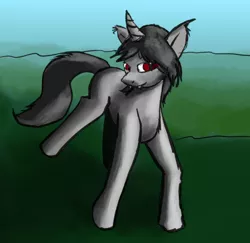 Size: 540x525 | Tagged: safe, artist:warskunk, derpibooru import, oc, oc:acehitter, unofficial characters only, pony, unicorn, anatomically incorrect, fangs, incorrect leg anatomy, shade, solo