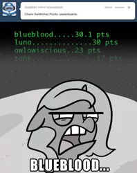 Size: 646x817 | Tagged: safe, artist:egophiliac, derpibooru import, princess luna, alicorn, pony, moonstuck, ask, dinkleberg, disgusted, filly, floppy ears, frown, glare, leaderboard, moon, open mouth, solo, space, stars, text, tumblr, woona