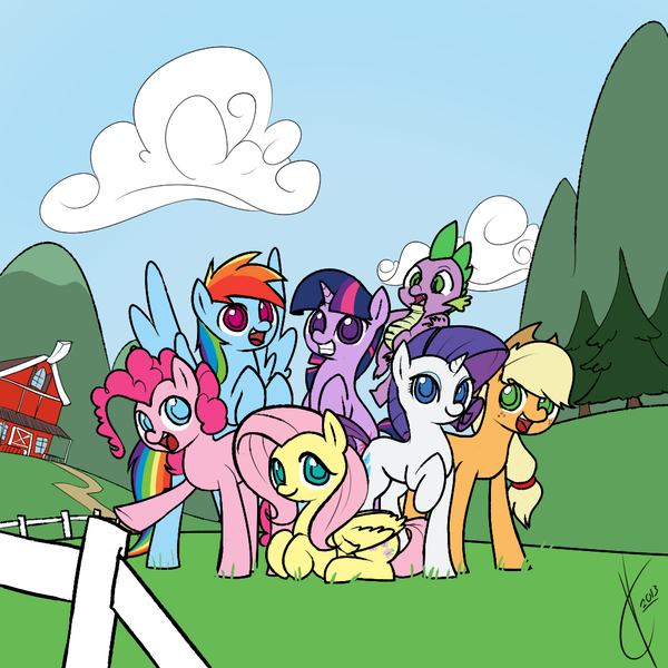 Size: 1000x1000 | Tagged: safe, artist:valcron, derpibooru import, applejack, fluttershy, pinkie pie, rainbow dash, rarity, spike, twilight sparkle, dragon, earth pony, pegasus, pony, unicorn, cloud, colored pupils, female, freckles, grass, hat, looking at you, male, mane seven, mane six, mare, open mouth, signature, sky, smiling, tree