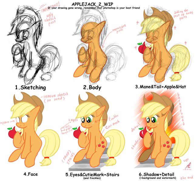 Size: 4500x4200 | Tagged: absurd resolution, apple, applejack, artist:truffle shine, cowboy hat, derpibooru import, eating, food, hat, how to draw, safe, simple background, sitting, sketch, stairs, step by step, stetson, tutorial