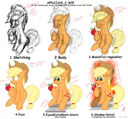 Size: 4500x4200 | Tagged: absurd resolution, apple, applejack, artist:truffle shine, cowboy hat, derpibooru import, eating, food, hat, how to draw, safe, simple background, sitting, sketch, stairs, step by step, stetson, tutorial