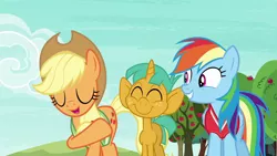 Size: 1280x720 | Tagged: safe, derpibooru import, screencap, applejack, rainbow dash, snails, pony, unicorn, buckball season, colt, cute, diasnails, discovery family logo, eyes closed, lidded eyes, male, out of context, smiling