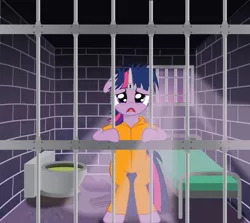 Size: 947x843 | Tagged: artist:spellboundcanvas, bed, clothes, derpibooru import, horn cap, magic suppression, messy mane, prison, prisoner, prisoner ts, prison outfit, sad, safe, toilet, twilight sparkle, window