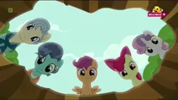 Size: 1366x768 | Tagged: safe, derpibooru import, screencap, apple bloom, mr. paleo, mrs. paleo, scootaloo, sweetie belle, pony, the fault in our cutie marks, bone, cute, cutie mark crusaders, minimini, sandbox