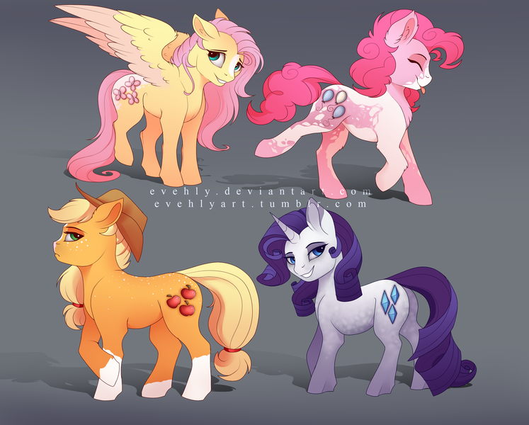 Size: 3000x2409 | Tagged: safe, artist:evehly, derpibooru import, applejack, fluttershy, pinkie pie, rarity, earth pony, pegasus, pony, unicorn, alternate design, crossed hooves, cute, dappled, diapinkes, eyes closed, female, freckles, hat, lidded eyes, mare, shyabetes, smiling, tongue out, walking