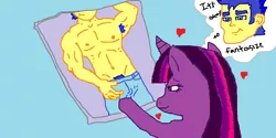 Size: 926x464 | Tagged: artist needed, suggestive, derpibooru import, flash sentry, twilight sparkle, /mlp/, 4chan, bare chest, brad, clothes, flashlight, human fetish, male, pubic hair, shipping, straight, topless, zimbabwe