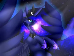 Size: 1600x1200 | Tagged: artist:minelvi, derpibooru import, flying, galaxy mane, jewelry, peytral, princess luna, safe, solo, space