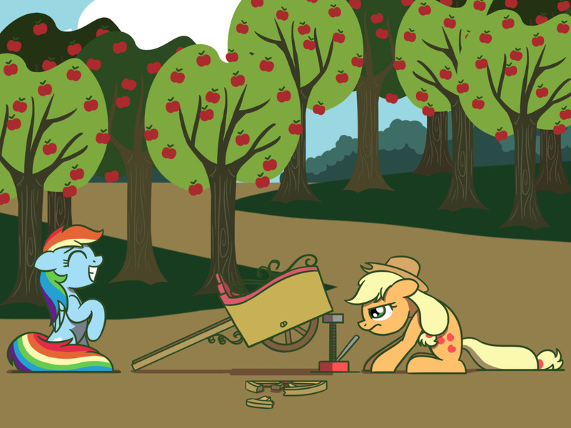 Size: 1280x960 | Tagged: safe, artist:flutterluv, derpibooru import, applejack, rainbow dash, apple tree, broken, cart, floppy ears, grin, newbie artist training grounds, smiling, unamused, wheel