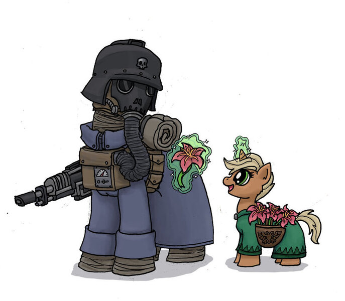 Size: 800x699 | Tagged: safe, artist:sensko, derpibooru import, pony, unicorn, crossover, death korps of krieg, duo, female, filly, flower, foal, gas mask, gun, helmet, magic, magic aura, mask, rifle, simple background, telekinesis, warhammer (game), warhammer 40k, weapon, white background