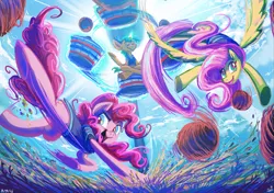 Size: 1193x842 | Tagged: safe, artist:jowybean, derpibooru import, fluttershy, pinkie pie, snails, earth pony, pegasus, pony, unicorn, buckball season, bottomless, buckball, buckball uniform, bucking, clothes, color porn, cute, eyes closed, female, flying, kicking, levitation, magic, mare, open mouth, partial nudity, psychedelic, raised eyebrow, scene interpretation, smiling, sports, spread wings, team, telekinesis, uniform