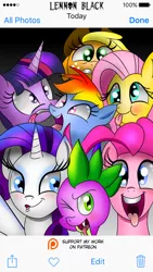 Size: 640x1136 | Tagged: safe, artist:lennonblack, derpibooru import, applejack, fluttershy, pinkie pie, rainbow dash, rarity, spike, twilight sparkle, twilight sparkle (alicorn), alicorn, pony, mane seven, mane six, patreon, patreon logo, phone screen, selfie, silly, silly face, silly pony, tongue out