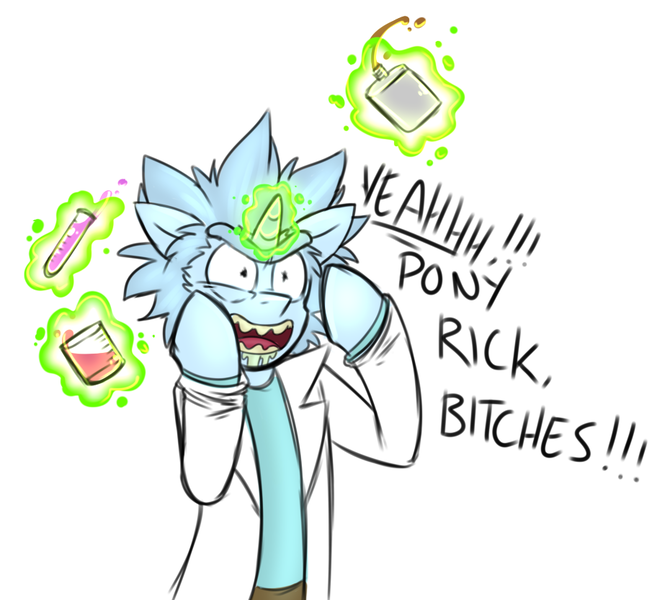 Size: 930x833 | Tagged: safe, artist:deyogee, derpibooru import, ponified, unicorn, alcohol, clothes, crossover, dialogue, hilarious in hindsight, magic, rick and morty, rick sanchez, science, science has gone too far, simple background, solo, vulgar, white background