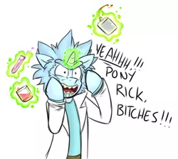 Size: 930x833 | Tagged: safe, artist:deyogee, derpibooru import, ponified, unicorn, alcohol, clothes, crossover, dialogue, hilarious in hindsight, magic, rick and morty, rick sanchez, science, science has gone too far, simple background, solo, vulgar, white background