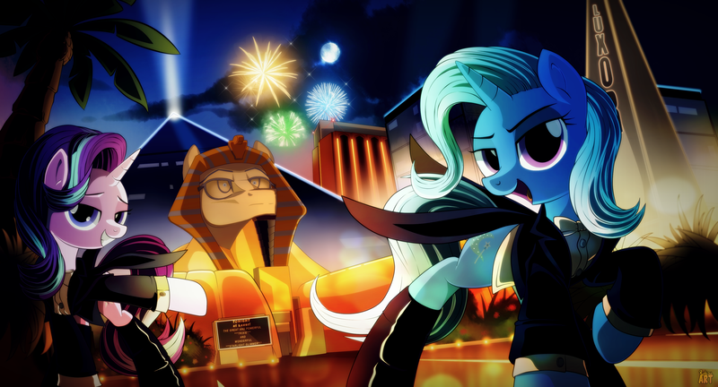 Size: 3700x2000 | Tagged: safe, artist:ruhisu, derpibooru import, starlight glimmer, trixie, pony, sphinx, unicorn, bedroom eyes, building, clothes, female, fireworks, full moon, grin, las vegas, looking at you, luxor hotel & casino, magician outfit, mare, night sky, open mouth, pointing, raised hoof, sign, smiling, tuxedo