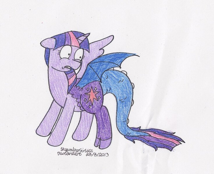 Size: 1024x835 | Tagged: safe, artist:skywalkergirl666, deleted from derpibooru, derpibooru import, twilight sparkle, twilight sparkle (alicorn), alicorn, draconequus, pony, colored pencil drawing, discord sparkle, draconequified, simple background, solo, species swap, traditional art, transformation, twikonequus