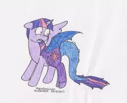 Size: 1024x835 | Tagged: safe, artist:skywalkergirl666, deleted from derpibooru, derpibooru import, twilight sparkle, twilight sparkle (alicorn), alicorn, draconequus, pony, colored pencil drawing, discord sparkle, draconequified, simple background, solo, species swap, traditional art, transformation, twikonequus