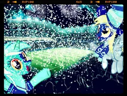 Size: 792x601 | Tagged: artist needed, safe, derpibooru import, derpy hooves, lyra heartstrings, pegasus, pony, celebration, cheering, clothes, confetti, face paint, fans, female, fireworks, instagram, mare, night, scarf, sports, stadium