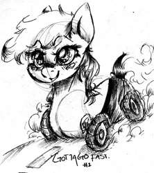 Size: 1200x1349 | Tagged: anonymous artist, cute, derpibooru import, driving, gotta go fast, monochrome, oc, oc:wheely bopper, original species, safe, simple background, solo, unofficial characters only, wheelpone