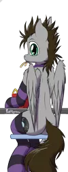Size: 1000x2500 | Tagged: safe, artist:punk-pegasus, derpibooru import, oc, oc:menzing, unofficial characters only, clothes, food, french fries, looking at you, plot, sitting, socks, solo, striped socks