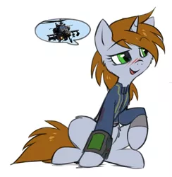 Size: 676x694 | Tagged: suggestive, artist:hioshiru, derpibooru import, edit, oc, oc:littlepip, unofficial characters only, pony, unicorn, fallout equestria, fanfic, ah-64 apache, apache attack helicopter, blushing, cheek fluff, clothes, fanfic art, female, fluffy, hooves, horn, littlepip's suggestions, mare, open mouth, pictogram, pipbuck, simple background, sitting, smiling, solo, vault suit, white background
