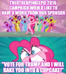 Size: 500x562 | Tagged: safe, derpibooru import, berry punch, berryshine, carrot top, golden harvest, lyra heartstrings, minuette, pinkie pie, angry, comic, donald trump, election, image macro, internet tough guy, meme, mouthpiece, op started shit, politics, poster, public service announcement, rage, screencap comic, shitposting, sponsor, topp 2016