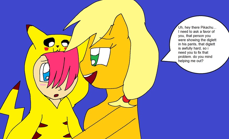 Size: 1754x1064 | Tagged: 1000 hours in ms paint, applejack, artist:my little brony friend, clothes, comic:the marvelous futajack, derpibooru import, implied futa, kigurumi, ms paint, pikachu, pokémon, questionable