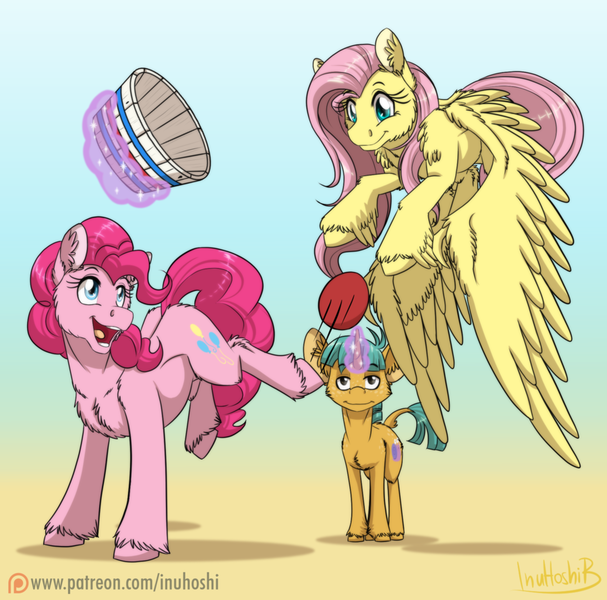 Size: 900x889 | Tagged: safe, artist:inuhoshi-to-darkpen, derpibooru import, fluttershy, pinkie pie, snails, classical unicorn, buckball season, ball, bucket, floating, fluffy, glowing horn, kick, leonine tail, magic, open mouth, patreon, patreon logo, signature, telekinesis, tongue out, unshorn fetlocks