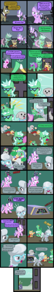 Size: 2000x10739 | Tagged: safe, artist:magerblutooth, derpibooru import, diamond tiara, filthy rich, silver spoon, oc, oc:aunt spoiled, oc:dazzle, oc:iggy, oc:imperius, oc:peal, cat, dog, iguana, pony, comic:diamond and dazzle, animal, ball, cage, cape, clothes, comic, costume, door, pet, pet oc, shaved tail, sock, sunglasses, superhero