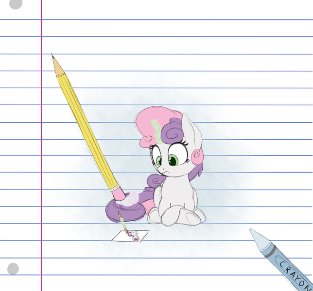 Size: 1550x1444 | Tagged: safe, artist:vanillaghosties, derpibooru import, sweetie belle, pony, unicorn, drawing, eraser, erasing, female, filly, lined paper, pencil, recursion, solo