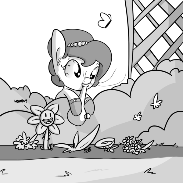 Size: 1280x1280 | Tagged: safe, artist:tjpones, derpibooru import, edit, editor:dsp2003, oc, oc:brownie bun, unofficial characters only, butterfly, earth pony, pony, bong, drugs, female, flowey, garden, high, hilarious in hindsight, howdy, mare, marijuana, monochrome, pun, smoke weed erryday, stoned, undertale, why, wtf