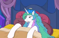 Size: 1024x672 | Tagged: artist:soanos, bed, derpibooru import, ice pack, princess celestia, safe, sick, solo, thermometer