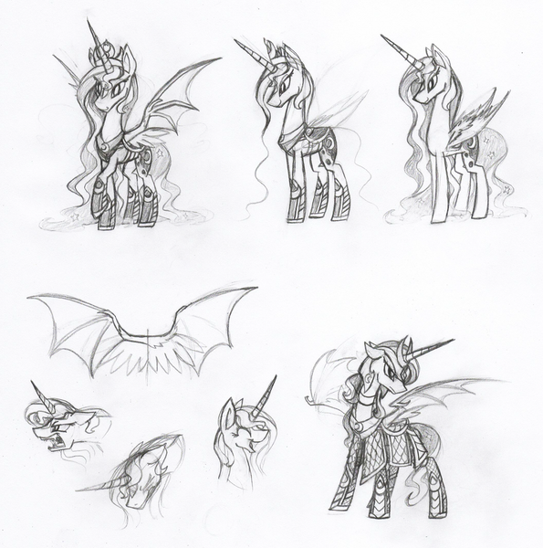 Size: 1024x1032 | Tagged: alternate design, alternate universe, armor, artist:agentkirin, bat wings, derpibooru import, monochrome, princess luna, role reversal, safe, solo