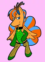 Size: 576x792 | Tagged: safe, artist:pembroke, derpibooru import, oc, oc:cold front, peacock, pony, clothes, collar, crossdressing, fishnets, gloves, leotard, male, peacock pony, stallion, stockings