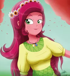 Size: 2050x2222 | Tagged: safe, artist:the-butch-x, derpibooru import, gloriosa daisy, equestria girls, legend of everfree, breasts, busty gloriosa daisy, clothes, commission, cute, female, flower, flower in hair, freckles, geode of fauna, geode of shielding, geode of super speed, geode of super strength, geode of telekinesis, magical geodes, signature, solo