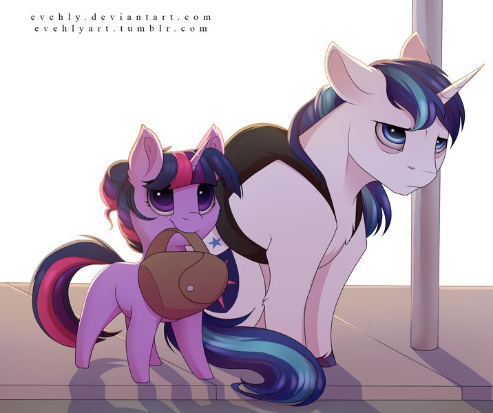 Size: 1858x1558 | Tagged: safe, artist:evehly, derpibooru import, shining armor, twilight sparkle, pony, unicorn, alternate hairstyle, backpack, bag, bags under eyes, blank flank, bored, brother and sister, colt, cute, duo, female, filly, filly twilight sparkle, frown, hair bun, male, mouth hold, siblings, sitting, smiling, tired, twiabetes, unamused, unicorn twilight, younger