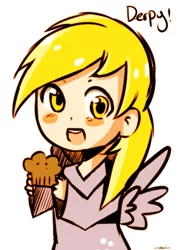 Size: 859x1129 | Tagged: artist:meewin, chibi, cute, derpibooru import, derpy hooves, food, human, humanized, muffin, safe, solo, winged humanization