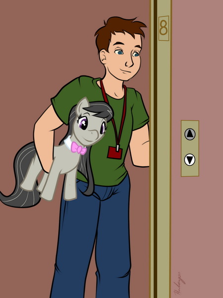 Size: 750x1000 | Tagged: safe, artist:halcy0n, derpibooru import, part of a set, octavia melody, earth pony, human, pony, body swap, elevator, human to pony, male to female, plushie, pony to human, rule 63, toy, transformation, transgender transformation