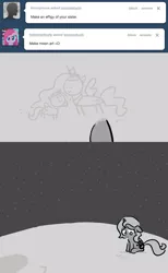 Size: 646x1050 | Tagged: safe, artist:egophiliac, derpibooru import, princess celestia, princess luna, alicorn, pony, moonstuck, ask, c:, cute, drawing, dust, feels, filly, floppy ears, frown, grayscale, looking down, monochrome, moon, sad, sitting, smiling, solo, space, stars, tumblr, woona