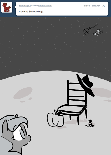 Size: 647x900 | Tagged: absolutely nothing else, artist:egophiliac, chair, derpibooru import, fedora, filly, hat, monochrome, moon, moonstuck, princess luna, safe, self ponidox, space, tumblr, what pumpkin?, woona
