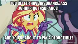 Size: 800x450 | Tagged: safe, derpibooru import, edit, edited screencap, screencap, sci-twi, sunset shimmer, twilight sparkle, equestria girls, friendship games, caption, image macro, meme, sunset yells at twilight, the boondocks, vulgar