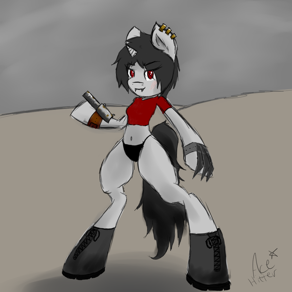 Size: 1000x1000 | Tagged: belly button, black underwear, boots, clothes, derpibooru import, fallout, fallout equestria, gray, gun, oc, oc:acehitter, panties, safe, scar, semi-anthro, short shirt, solo, t-shirt, underwear, unofficial characters only, weapon