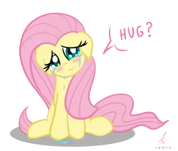 Size: 2000x1700 | Tagged: safe, artist:truffle shine, derpibooru import, fluttershy, pegasus, pony, 3:, blushing, bronybait, colored pupils, crying, cute, female, floppy ears, head tilt, hug request, looking at you, mare, shyabetes, simple background, sitting, solo, speech bubble, talking to viewer, transparent background, wavy mouth