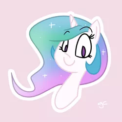 Size: 800x800 | Tagged: safe, artist:grilledcat, derpibooru import, princess celestia, pony, bust, female, horn, mare, missing accessory, pink background, portrait, simple background, small horn, smiling, solo