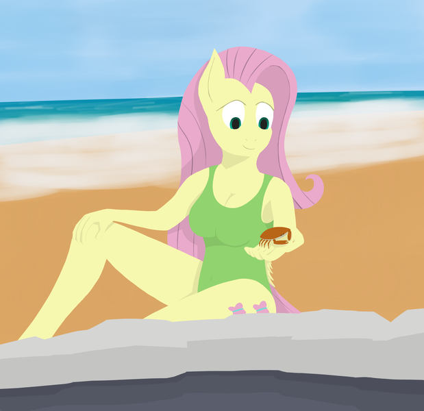 Size: 3430x3325 | Tagged: anthro, artist:frostspear, beach, breasts, busty fluttershy, cleavage, clothes, crab, derpibooru import, female, fluttershy, one-piece swimsuit, safe, solo, swimsuit