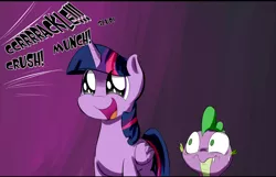 Size: 850x546 | Tagged: safe, artist:phuocthiencreation, derpibooru import, edit, spike, twilight sparkle, twilight sparkle (alicorn), alicorn, pony, cropped, dilated pupils, eye clipping through hair, out of context, reaction image, shrunken pupils, sweat, varying degrees of want, wide eyes