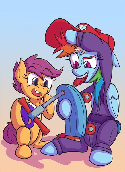 Size: 1396x1920 | Tagged: safe, artist:zanefir-dran, derpibooru import, rainbow dash, scootaloo, mouth hold, newbie artist training grounds, scooter, screwdriver, sweat