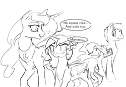 Size: 1280x890 | Tagged: safe, artist:silfoe, derpibooru import, princess luna, oc, oc:eventide glisten, alicorn, pony, other royal book, royal sketchbook, alicorn oc, black and white, dialogue, grayscale, magical lesbian spawn, monochrome, mother and daughter, offspring, parent:princess luna, parent:twilight sparkle, parents:twiluna, shipper on deck, simple background, sketch, speech bubble, white background