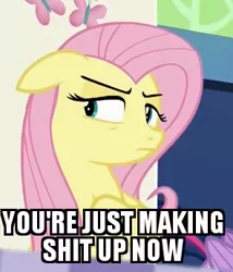 Size: 295x344 | Tagged: safe, derpibooru import, edit, edited screencap, screencap, fluttershy, pegasus, pony, 28 pranks later, annoyed, caption, crossed hooves, cute, female, floppy ears, frown, glare, image macro, lidded eyes, mare, meme, peeved, reaction image, shyabetes, solo, swearyshy, vulgar